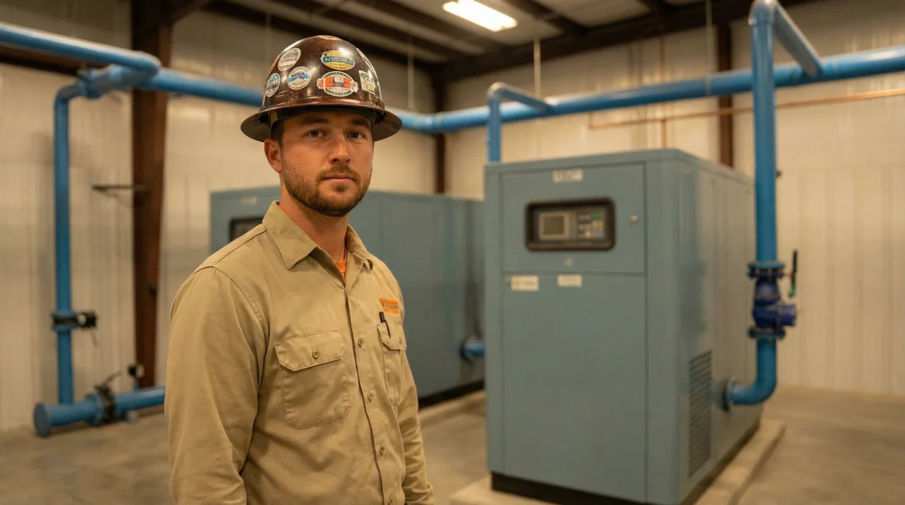 Industrial technician beside compressor equipment