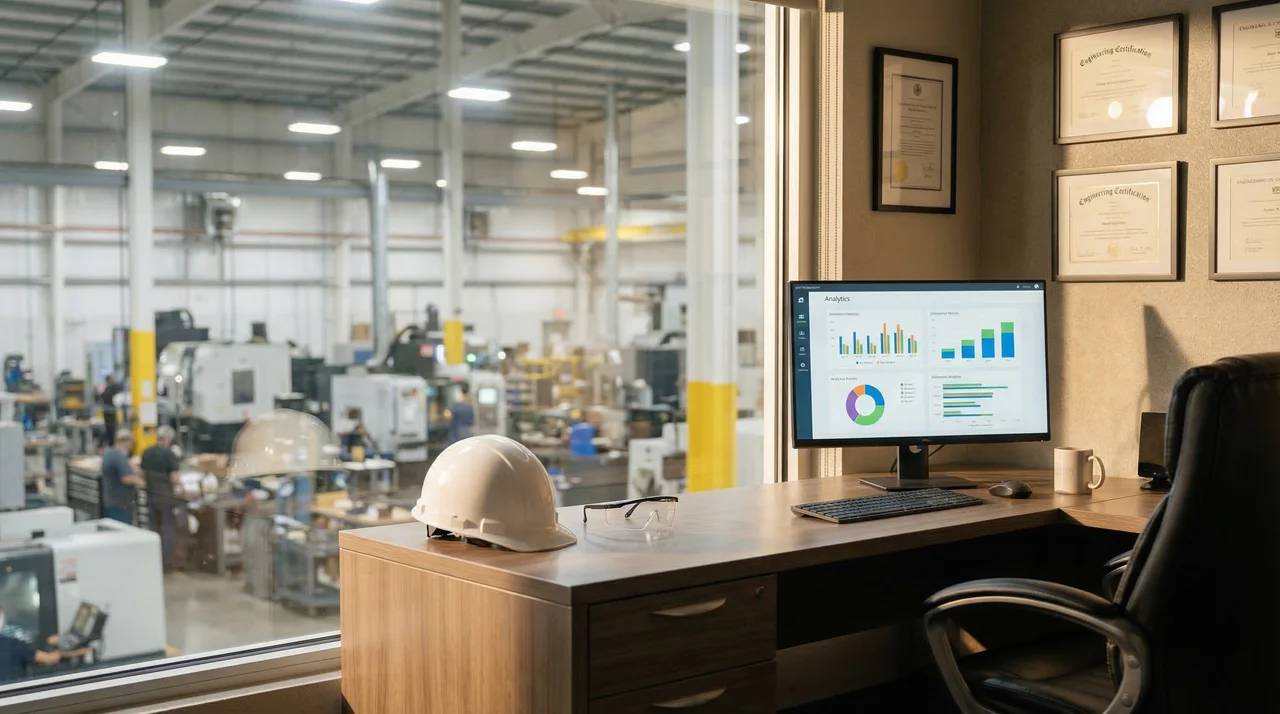 Industrial office overlooking the factory floor with analytics on the monitor